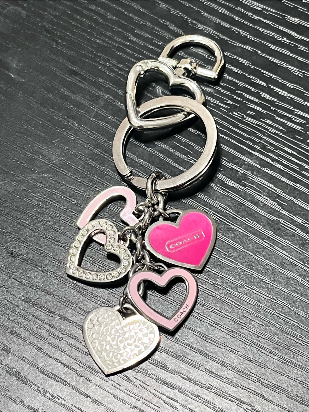 COACH Silver Heart Charm Keychain with Bright Pink & Light Pink Accents - Picture 2 of 4